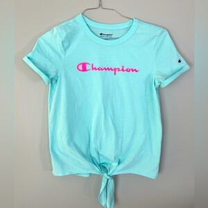 Girls Champion Short Sleeve T shirt. Teal with hot pink logo